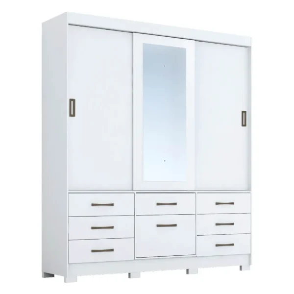 Guarda Roupa Panan Luiza Branco 3 Portas 7 Gavetas MDF com Espelho