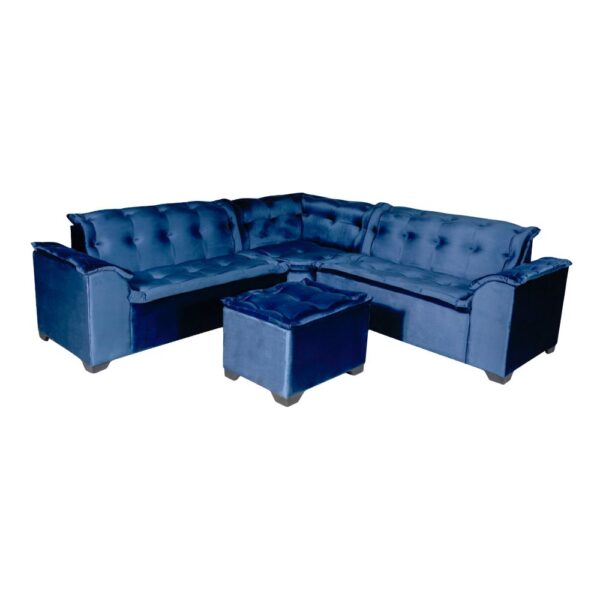 Sofa Mary de Canto Azul Veludo com Puff